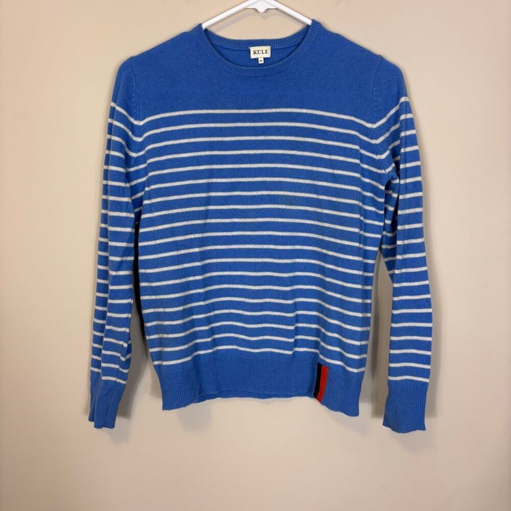 Kule Women's Blue with White Striped 100% Cashmere Pullover Sweater XS